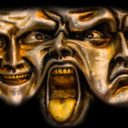 Ein gemälde mit drei Fratzen